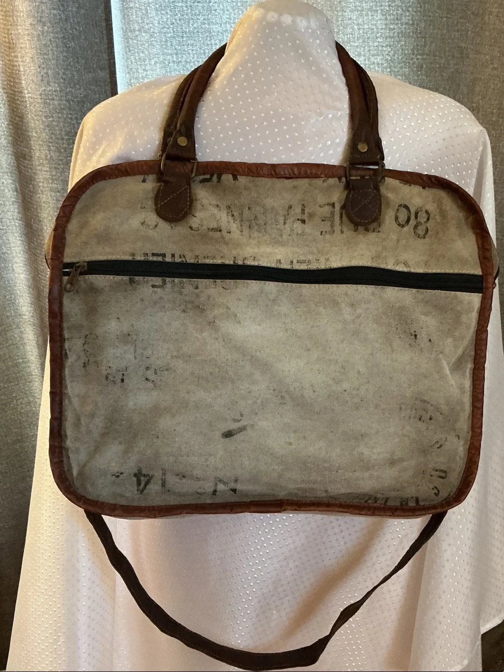 Mona B Tan Canvas Messenger with Brown Leather Trim